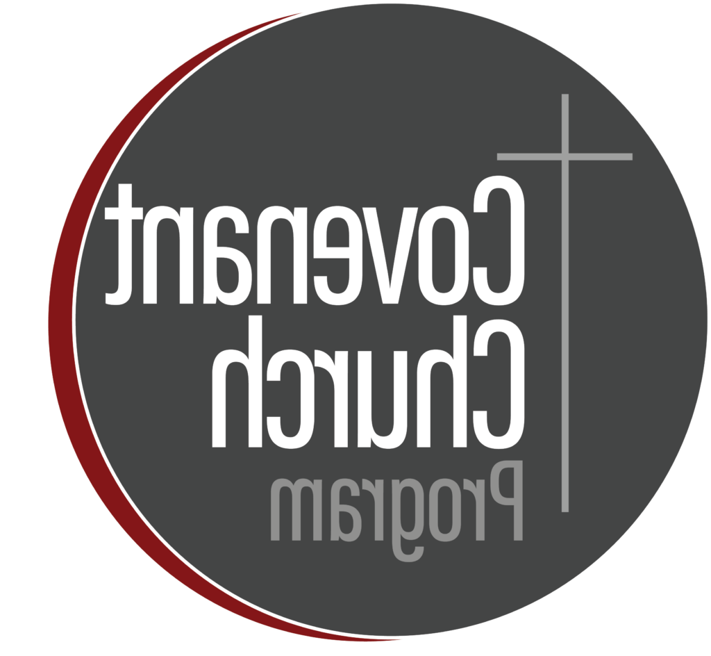 A circular logo with a dark gray background, featuring a cross and the words "Covenant Church Program" written in white. A thin red outline partly borders the circle.